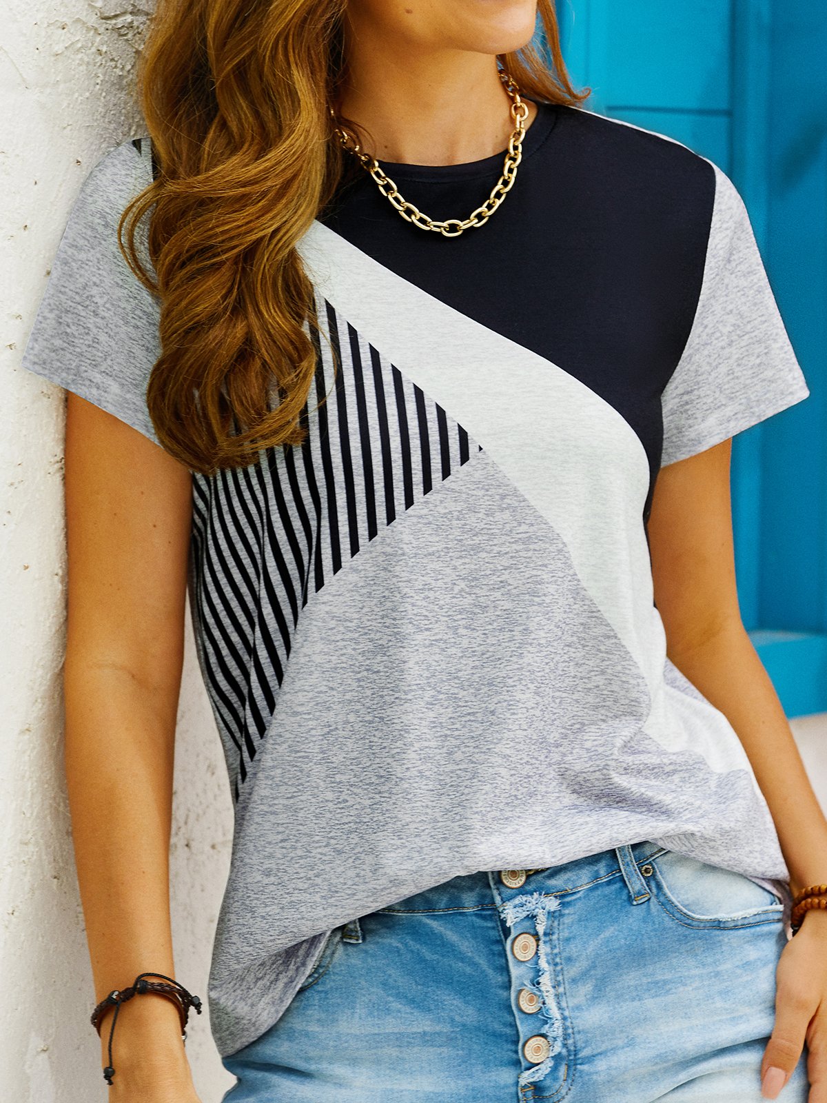 Jersey Lässig Gestreift T-Shirt