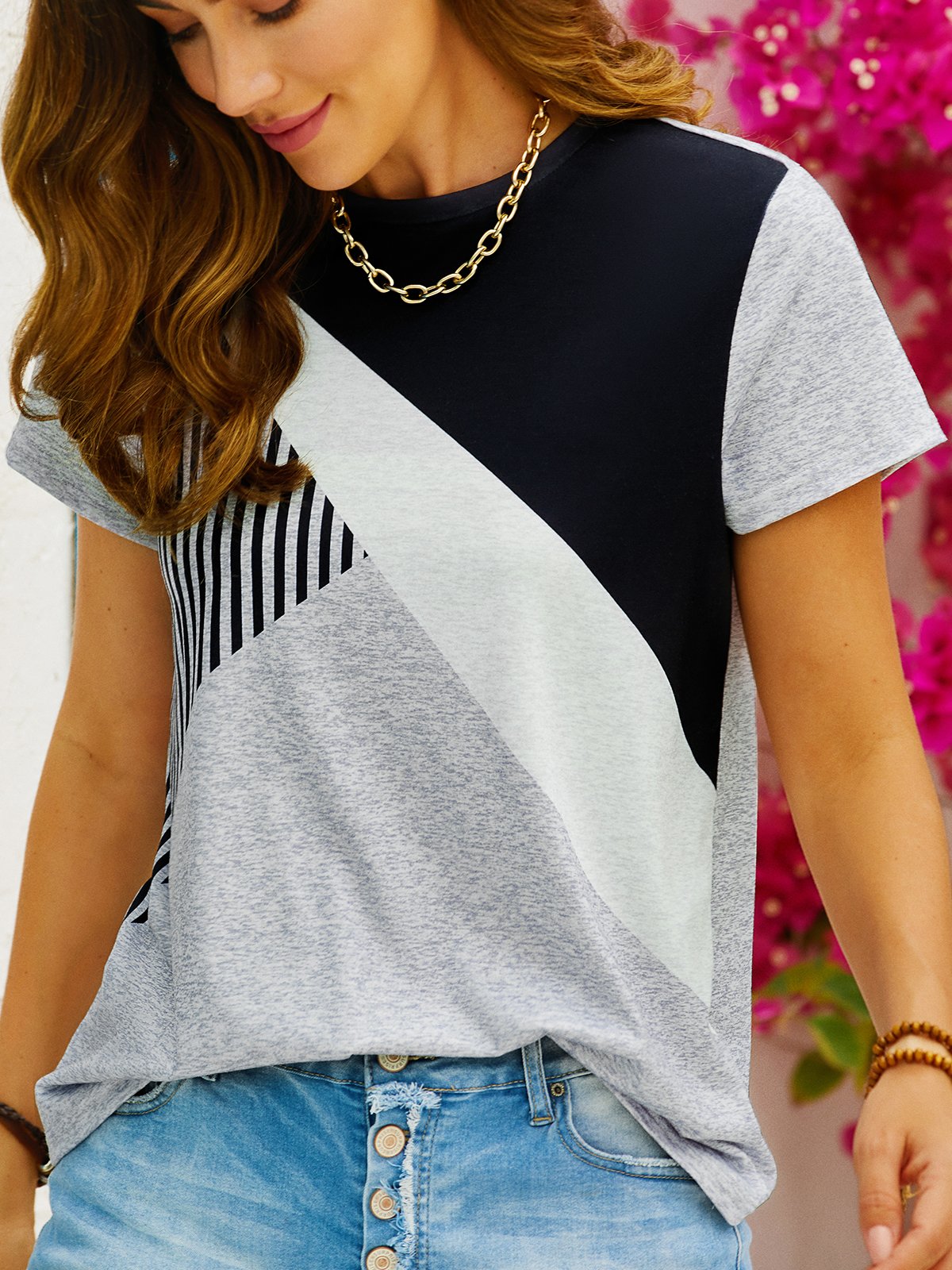 Jersey Lässig Gestreift T-Shirt