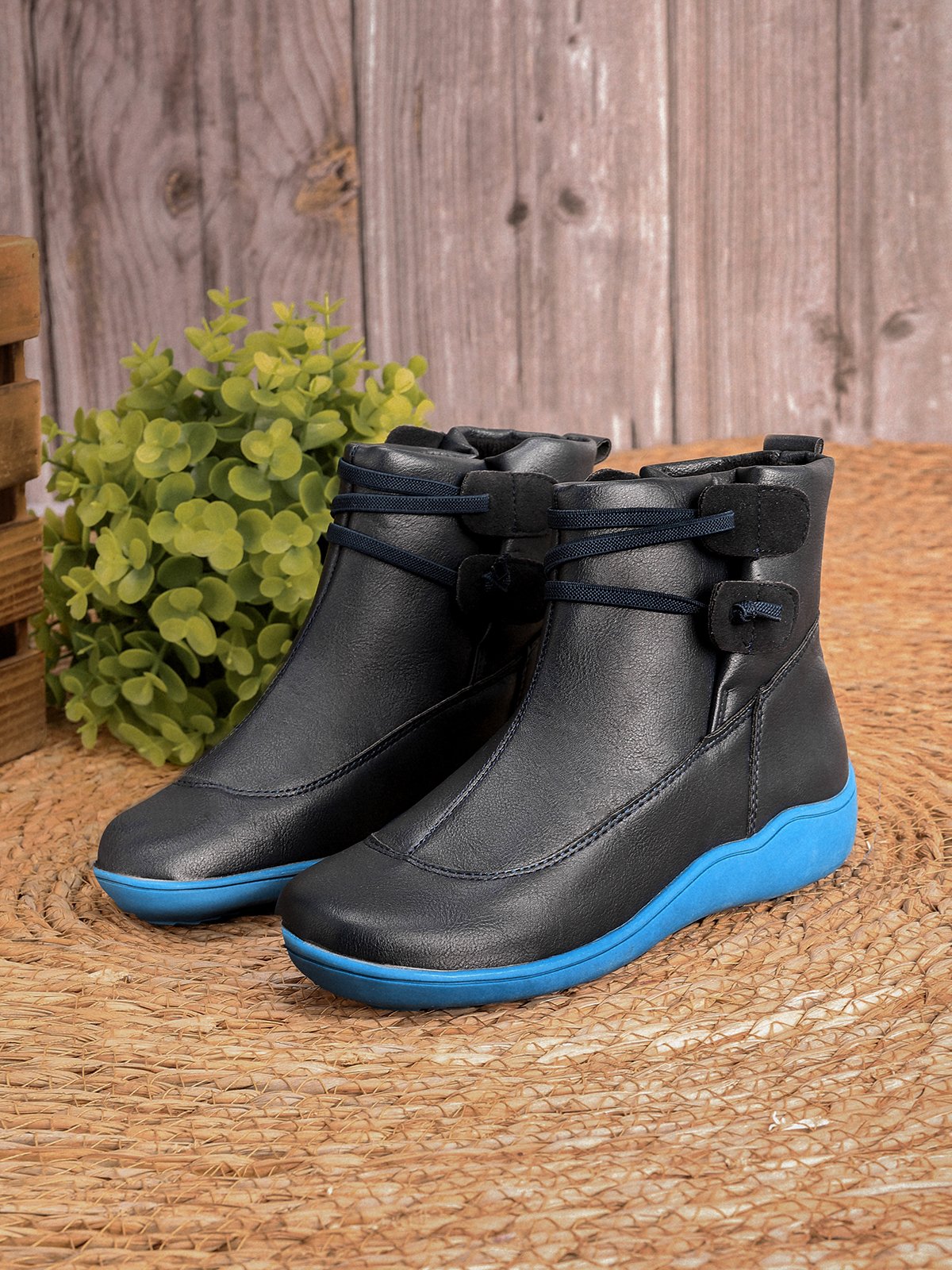 Winterstiefel Damen Geflochtener Riemen Flache PU Stiefelette