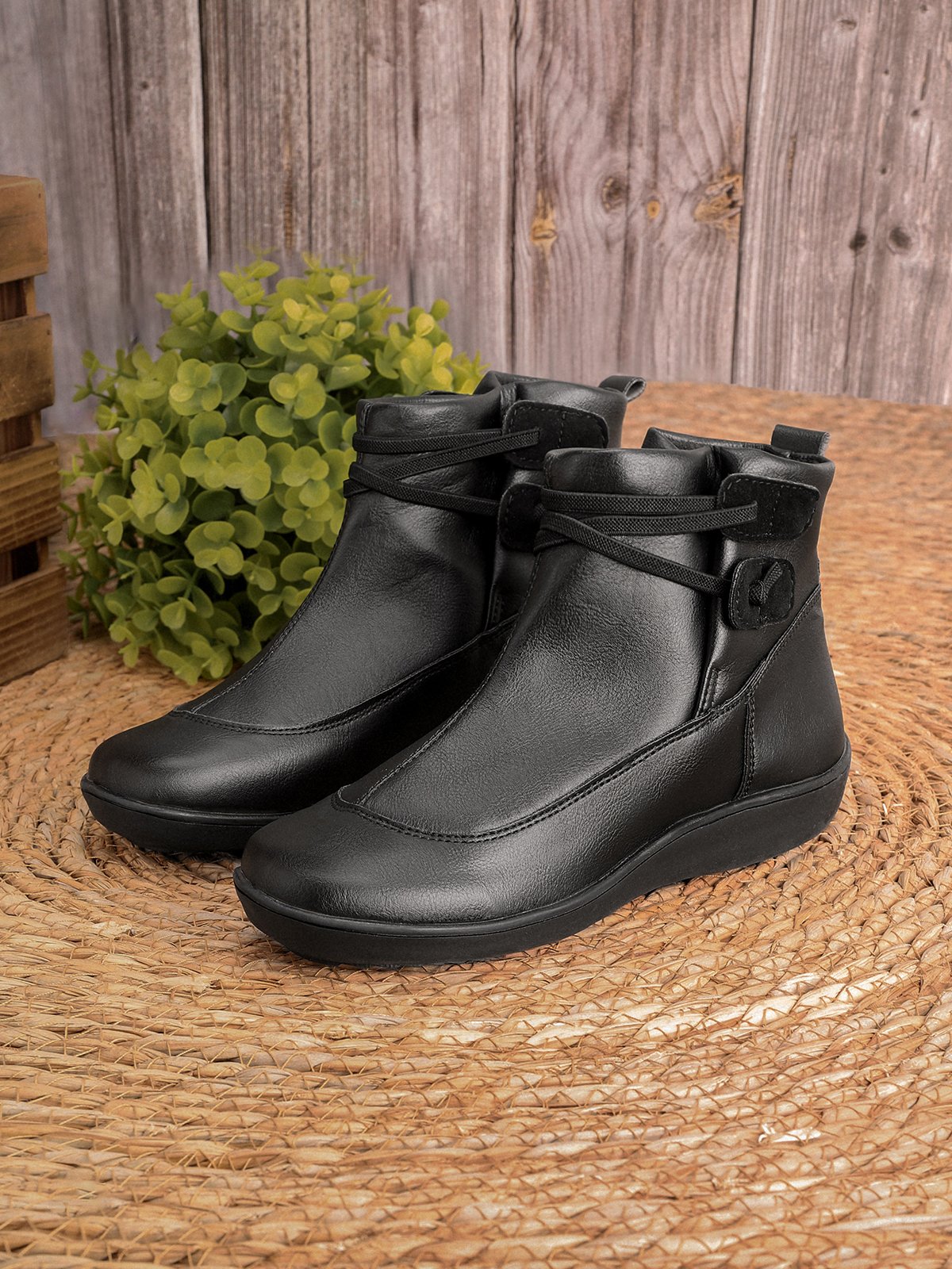 Winterstiefel Damen Geflochtener Riemen Flache PU Stiefelette