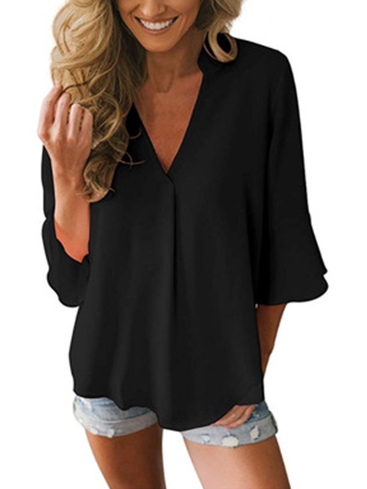 Damen Bluse 3/4 Ärmel mit V-Ausschnitt