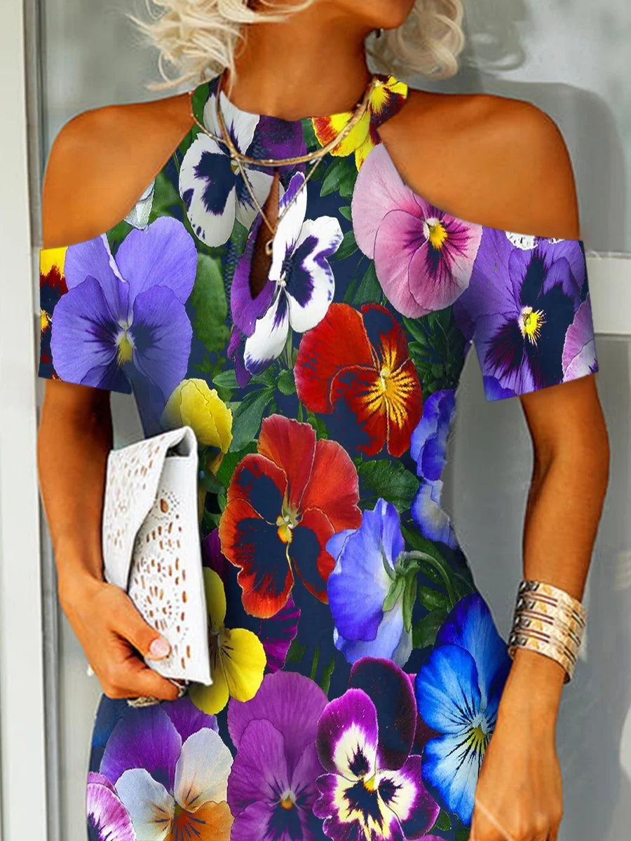 Print A-Linien Kurzarm Strick Kleid