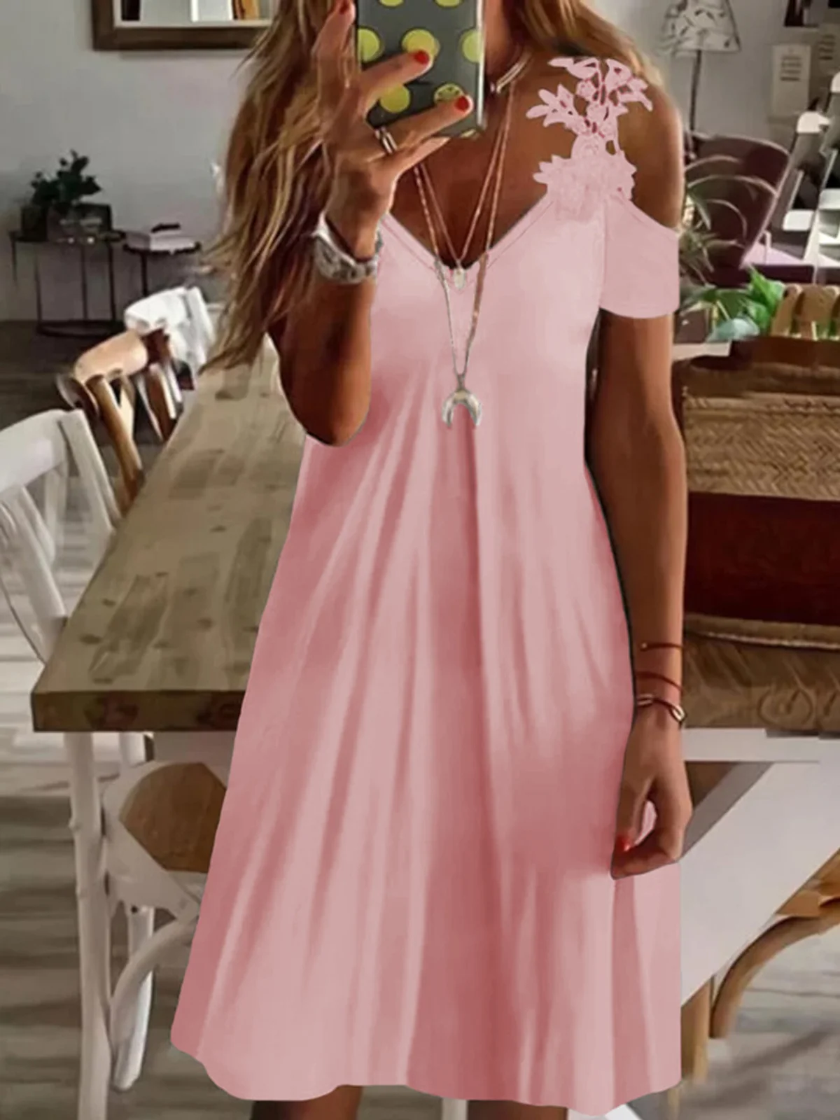 Lässig Kurzarm V-Ausschnitt Kleid