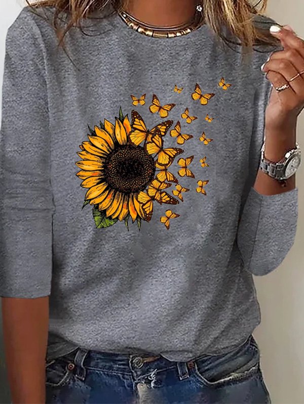 Sonnenblume Langarm Rundhals T-Bluse