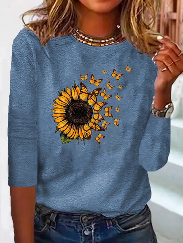 Sonnenblume Langarm Rundhals T-Bluse