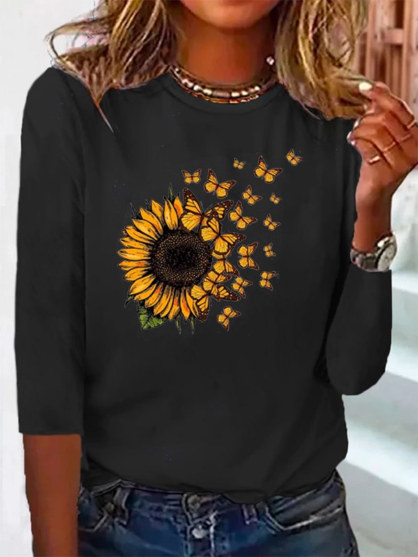 Sonnenblume Langarm Rundhals T-Bluse