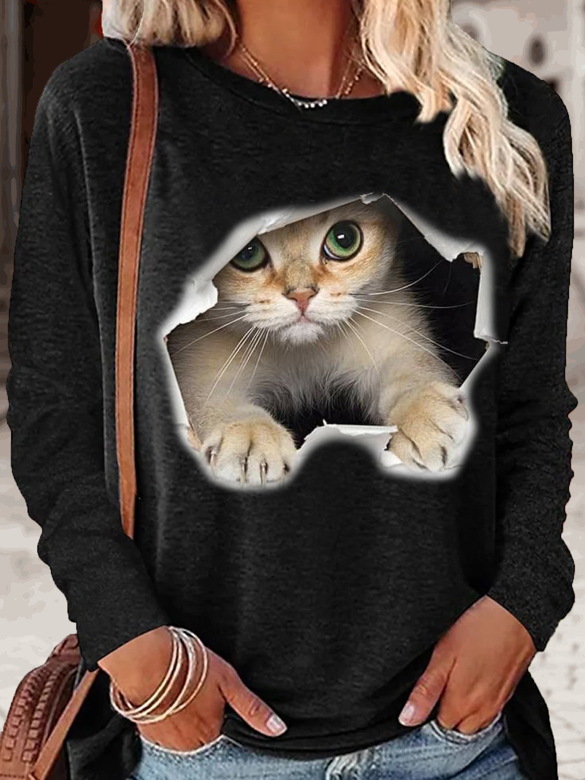 Damen Lustig 3D Katze Print Rundhals Oberteile