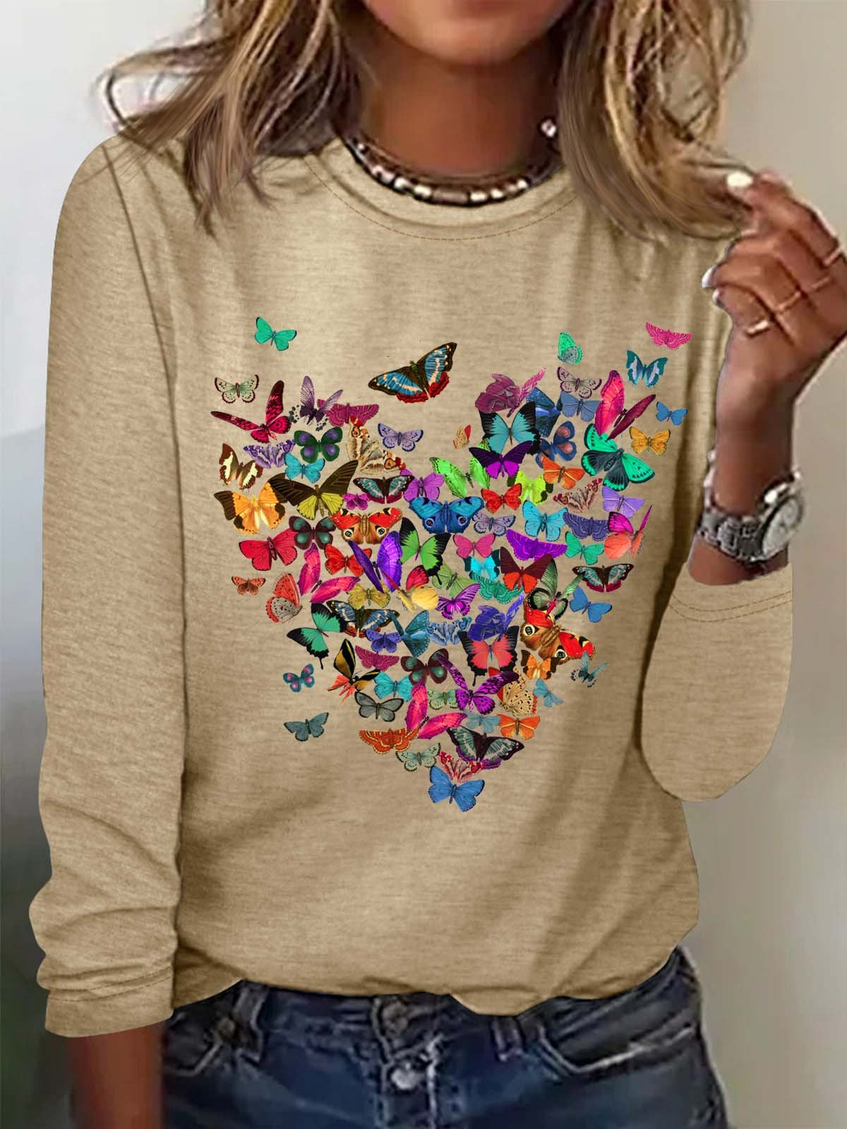 Damen Schmetterling Herz Lässig Rundhals Oberteile