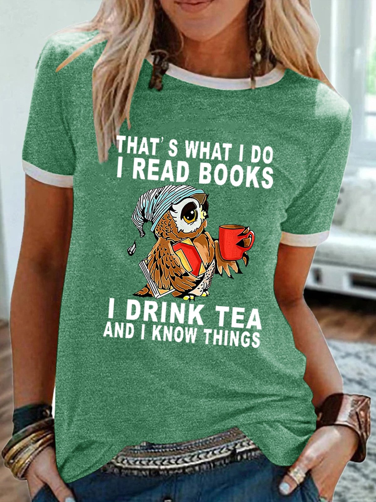 Damen Eule das ist WAS ICH Tun I lesen Bücher I Getränk Tee und I Kennt Dinge Baumwollmischung Rundhals T-Shirt