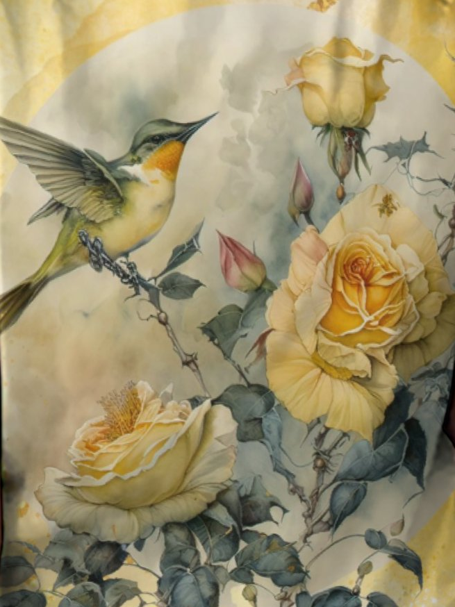 Damen Gelb Geblümt Vogel Einfach Weit T-Shirt