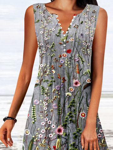 Gekerbt Lässig Blumenmuster Schnalle Kleid
