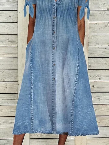 Unifarben V-Ausschnitt Lässig Denim Kleid