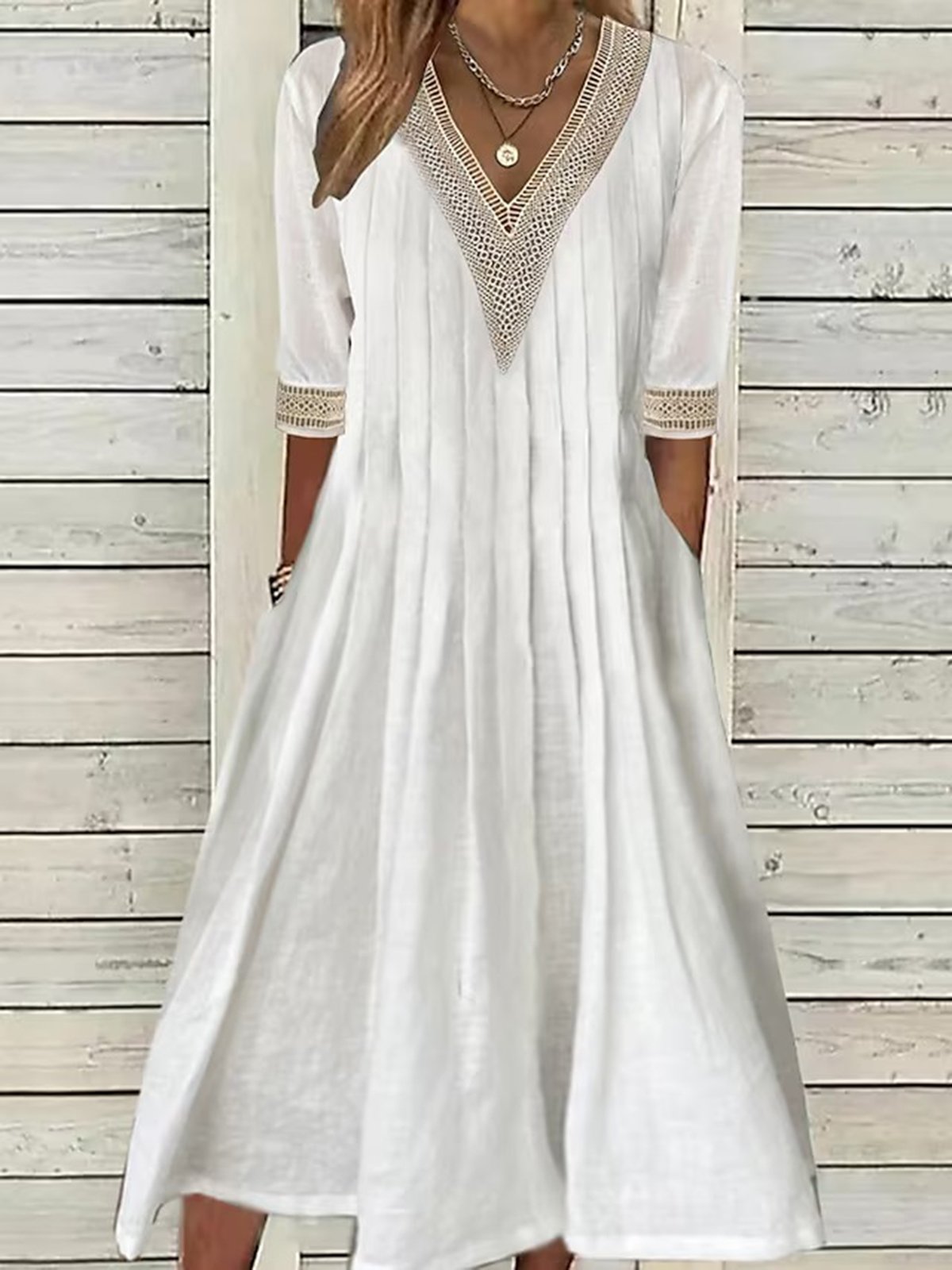 Spitze Baumwolle Leinen Lässig Unifarben Kleid