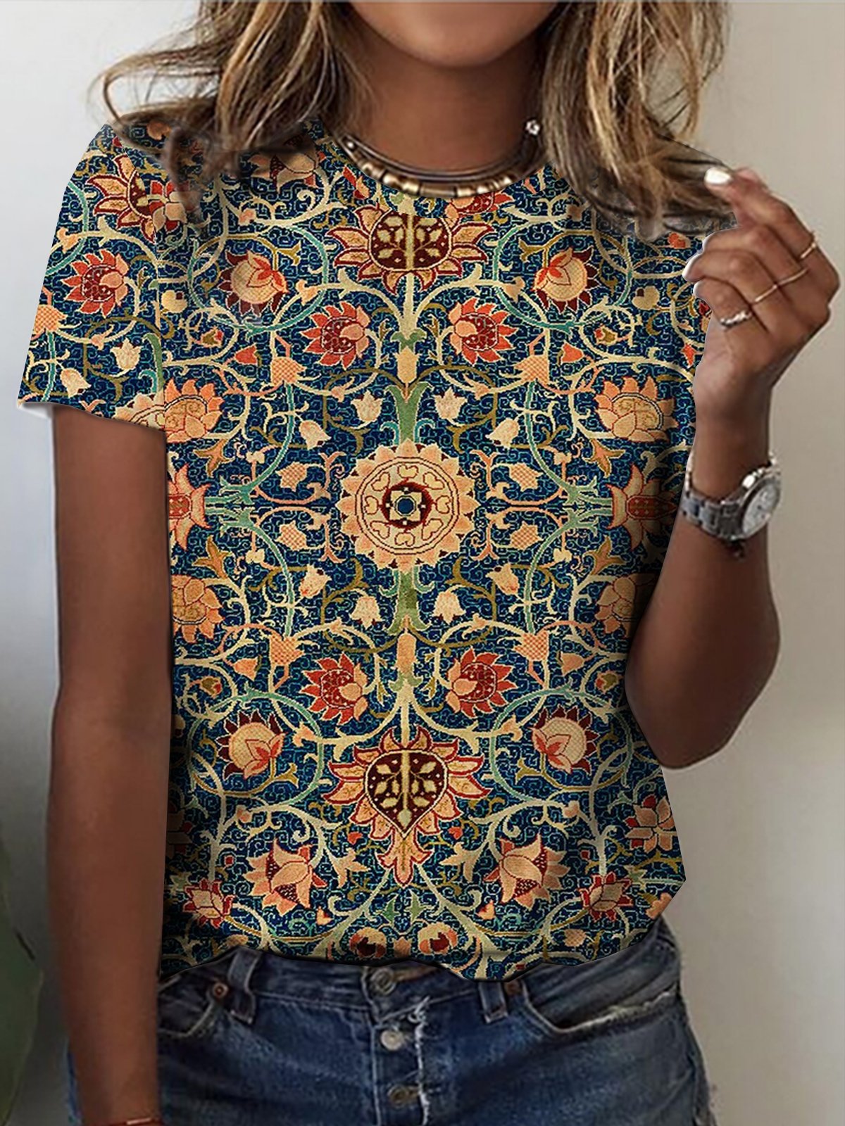 Lässig Rundhals Weit Ethnisch T-Shirt