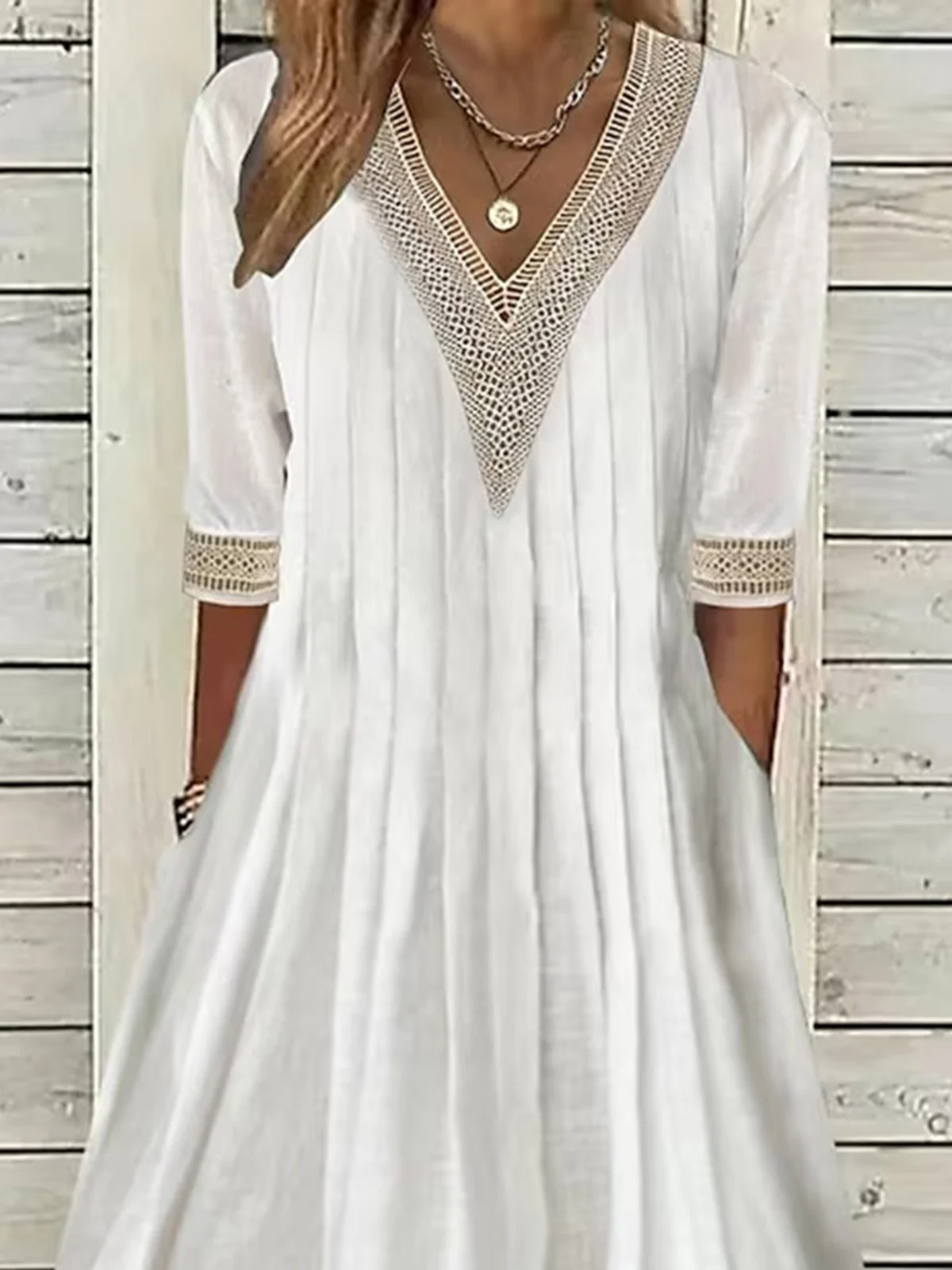 Spitze Baumwolle Leinen Lässig Unifarben Kleid