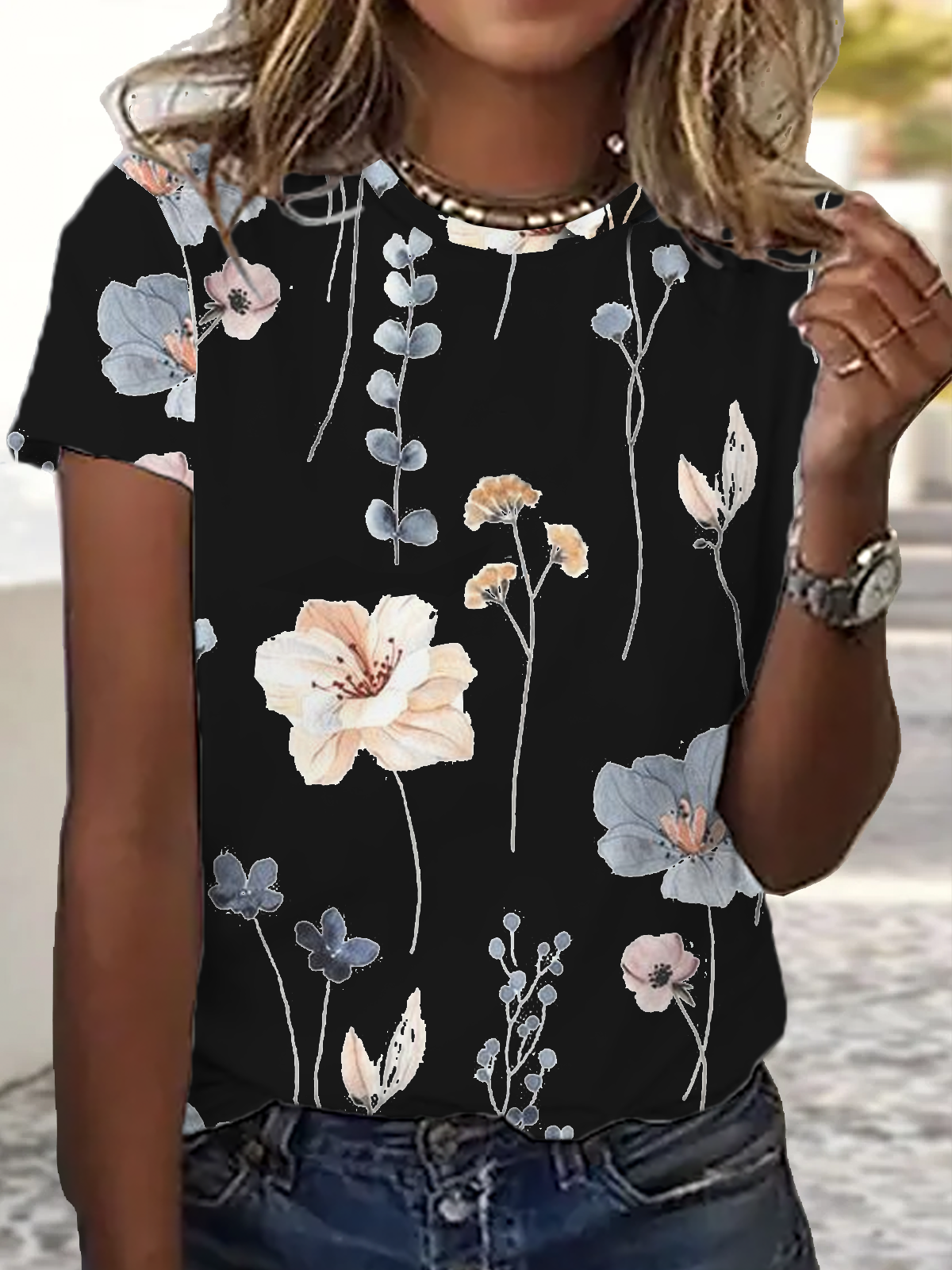 Jersey Weit Geblümt Lässig T-Shirt