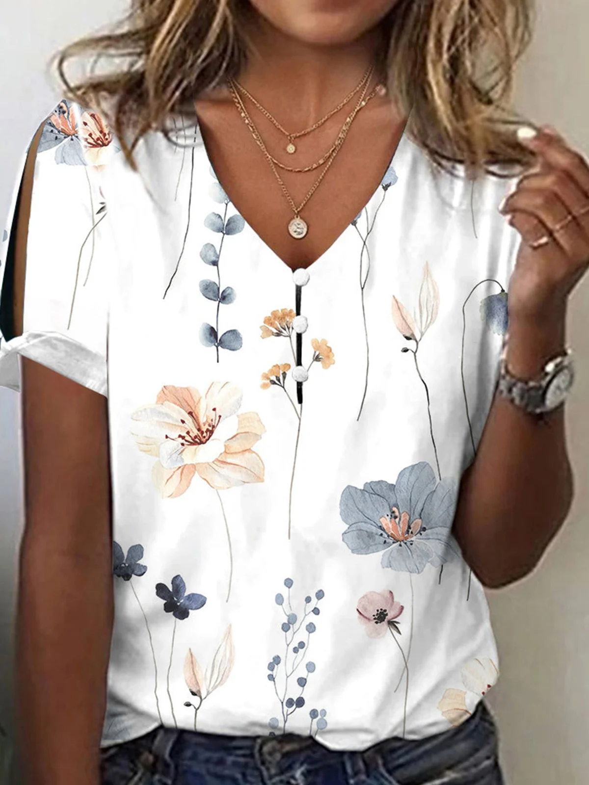 Lässige V-Ausschnitt Bluse mit Blumenprint Freizeitbluse