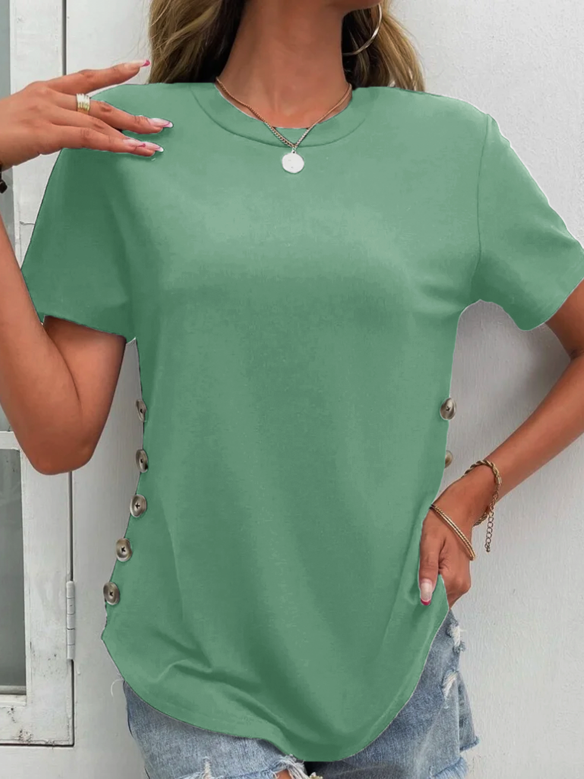 Rundhals Lässig Unifarben Regelmäßige Passform T-Shirt