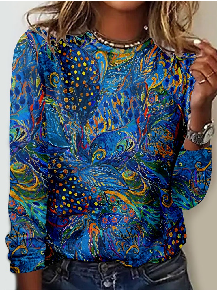 Damen  Pfauenblau Lässig Rundhals Bluse
