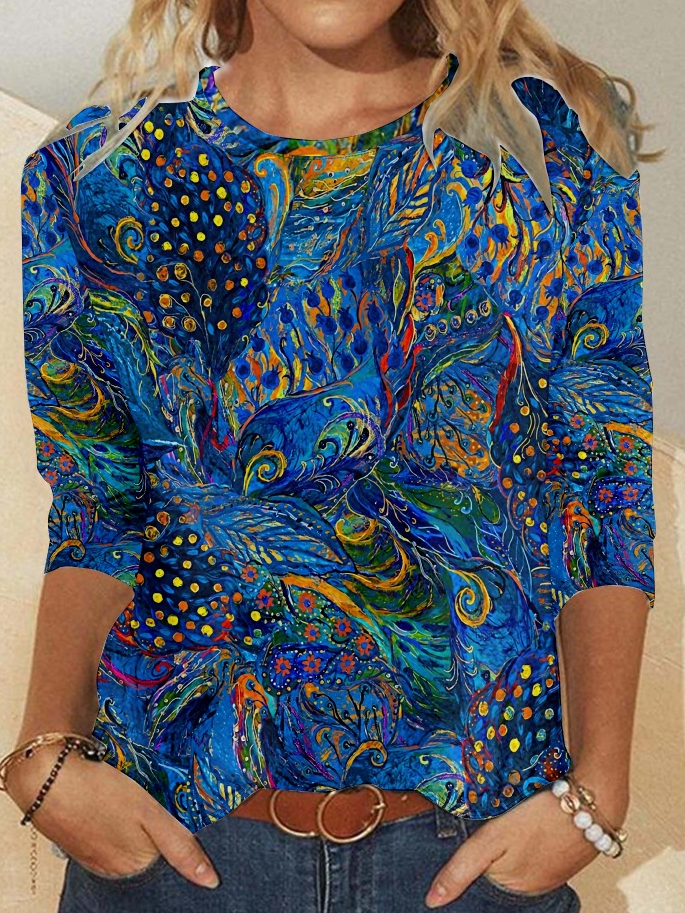 Damen  Pfauenblau Lässig Rundhals Bluse