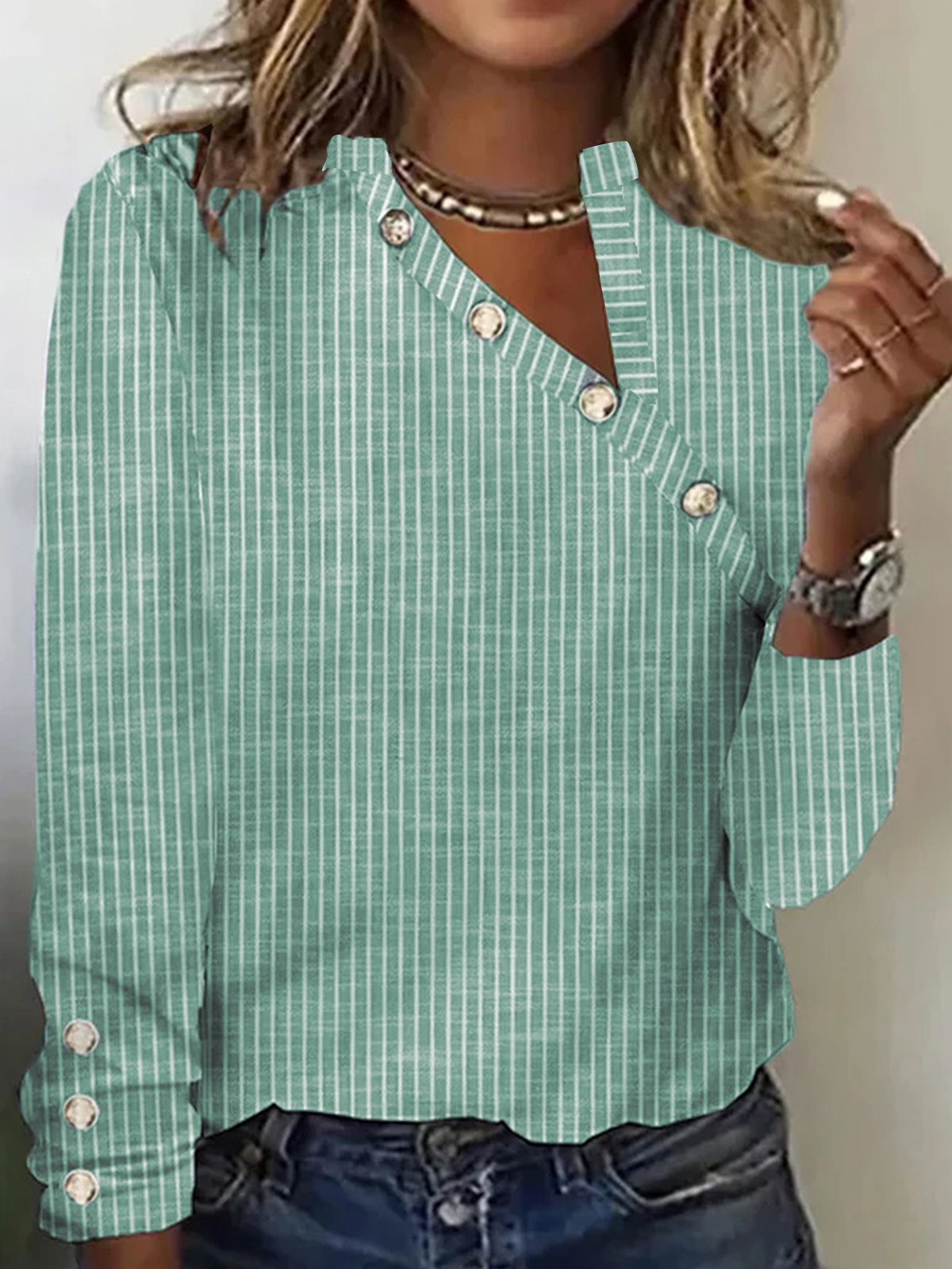 Geknöpft Lässig Asymmetrisch Weit T-Shirt Langarmshirt