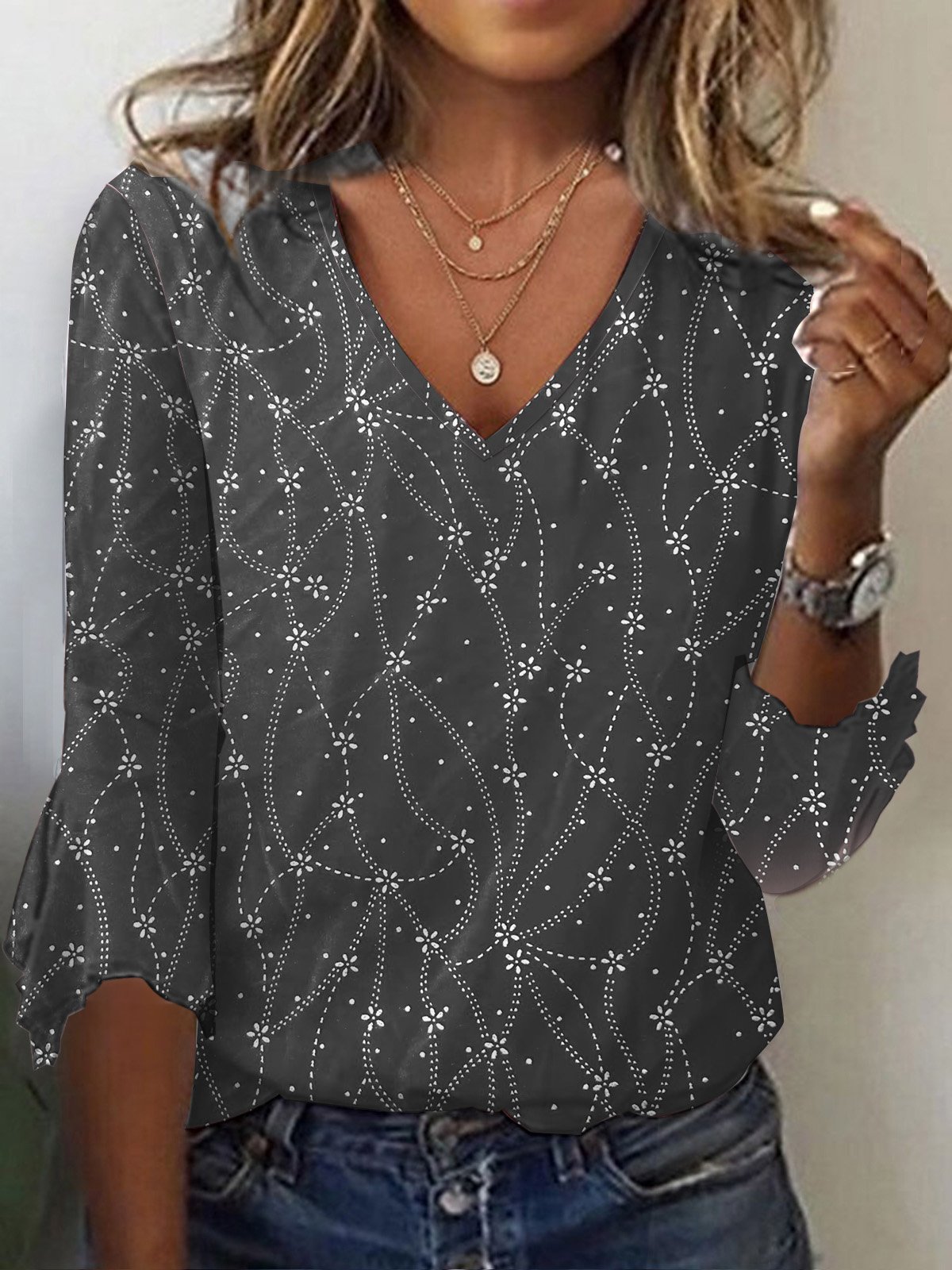 Geometrisch Samt Lässig Weit Tunika Bluse
