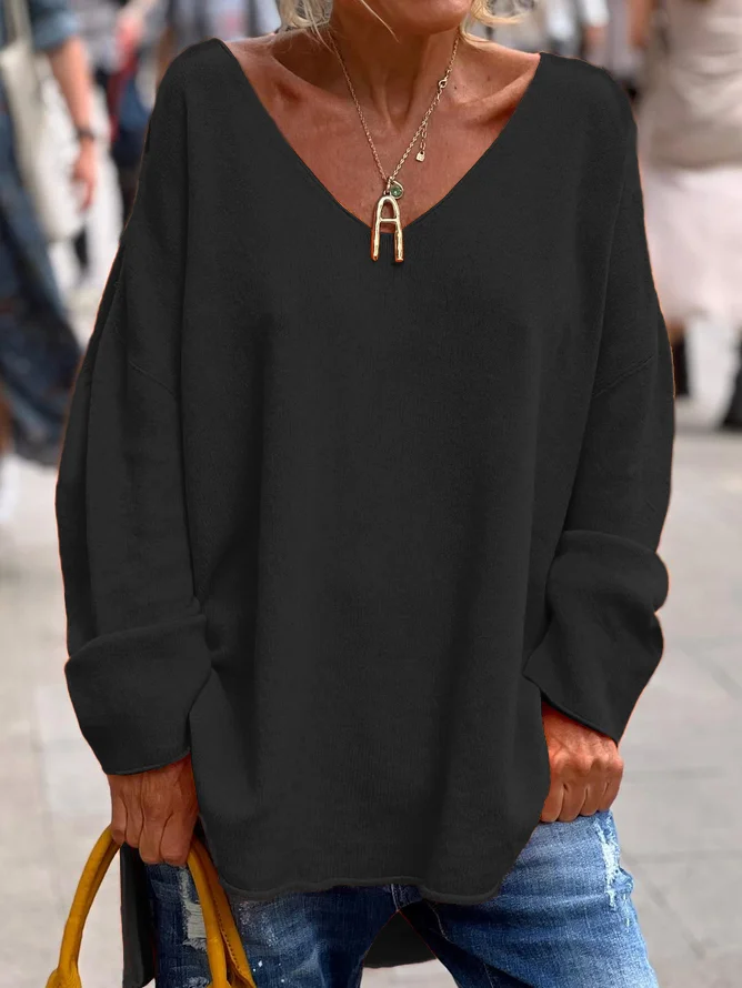 Lässig V Ausschnitt Weit Unifarben  Pullover