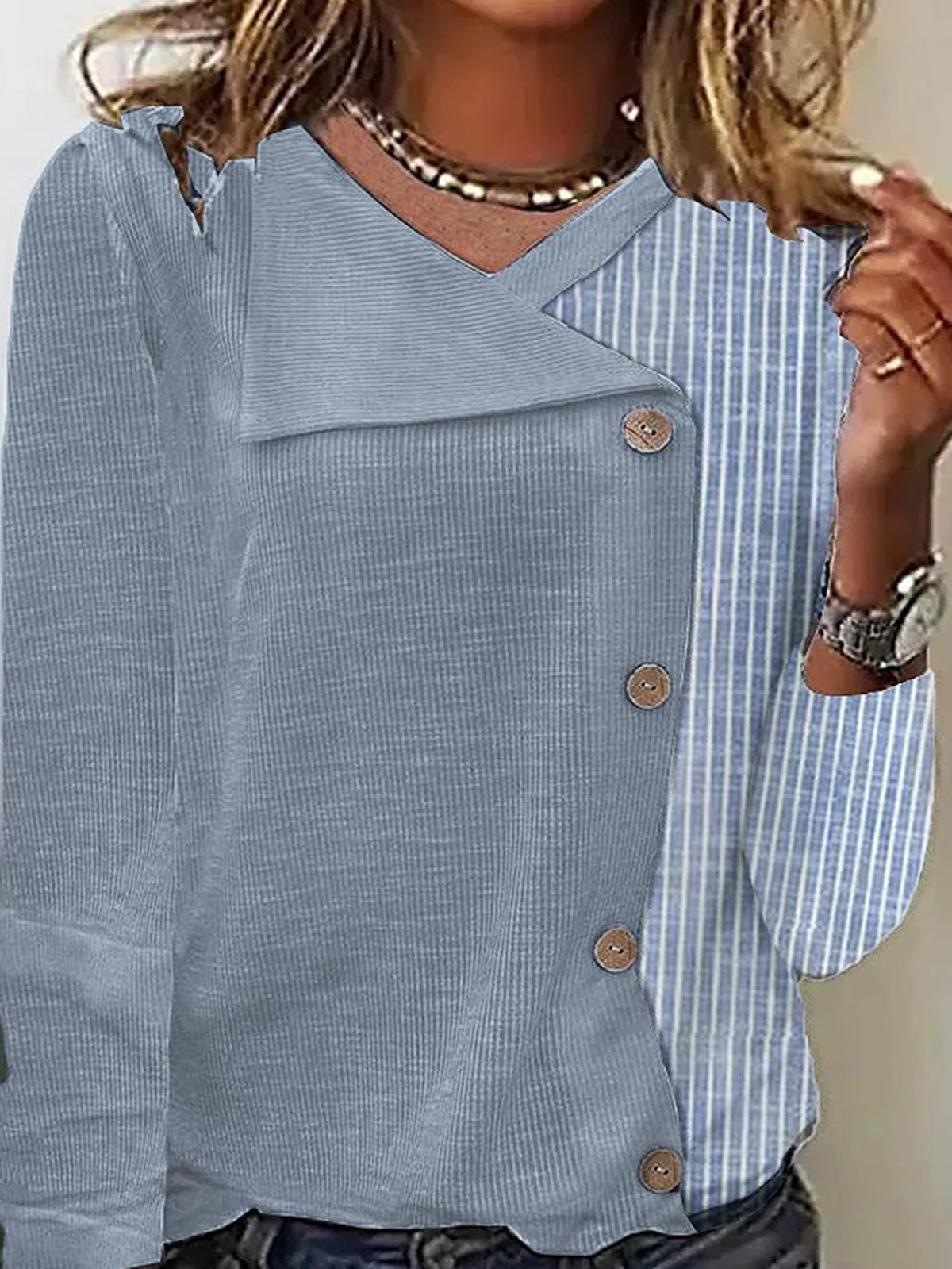 Schalkragen Lässig Gestreift T-Shirt
