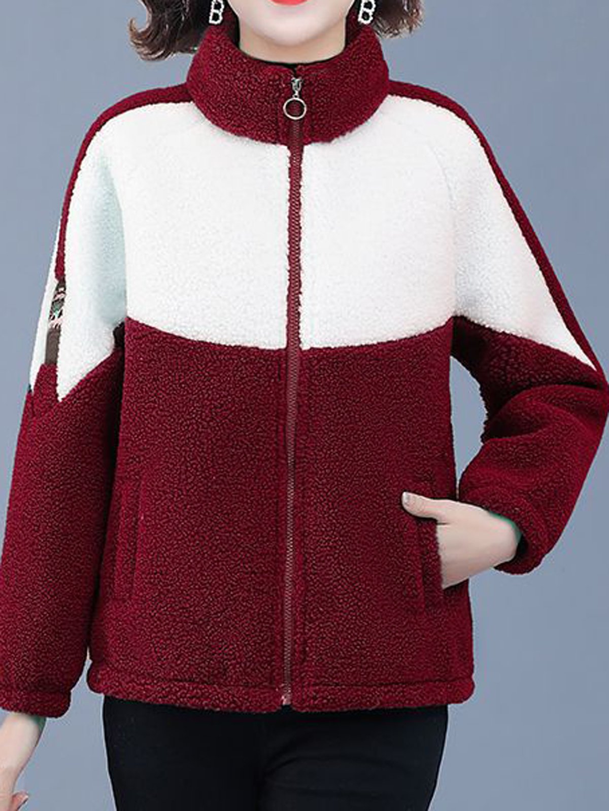 Lässig Farbblock Teddy Jacke