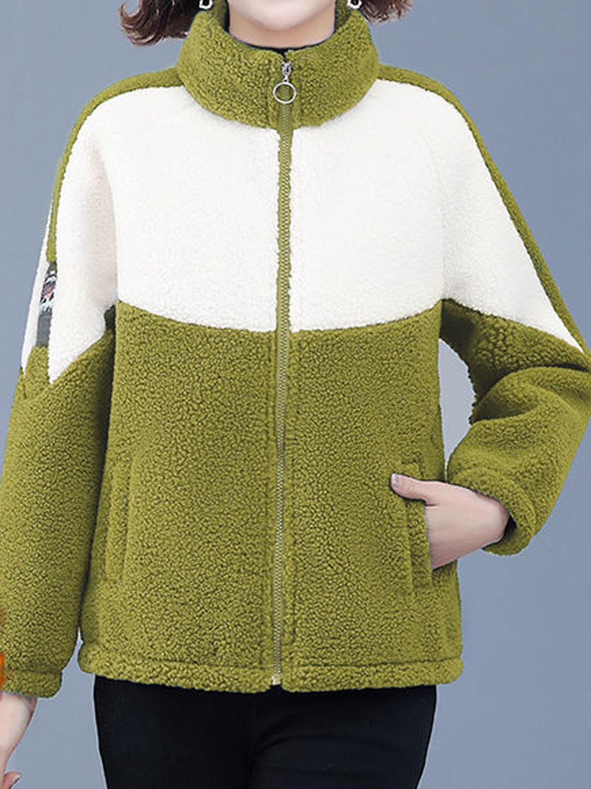 Lässig Farbblock Teddy Jacke