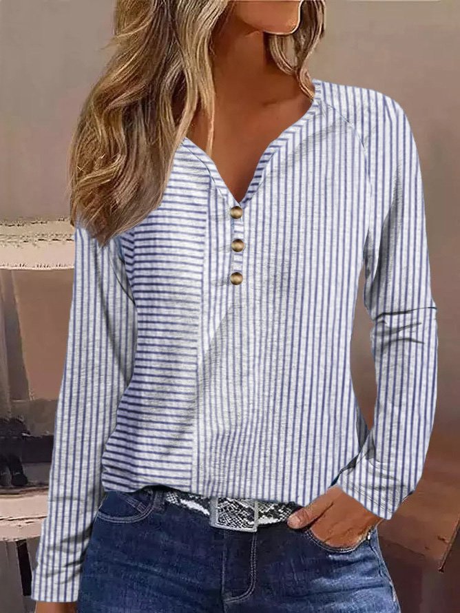 Lässig Gestreift Weit V-Ausschnitt T-Shirt