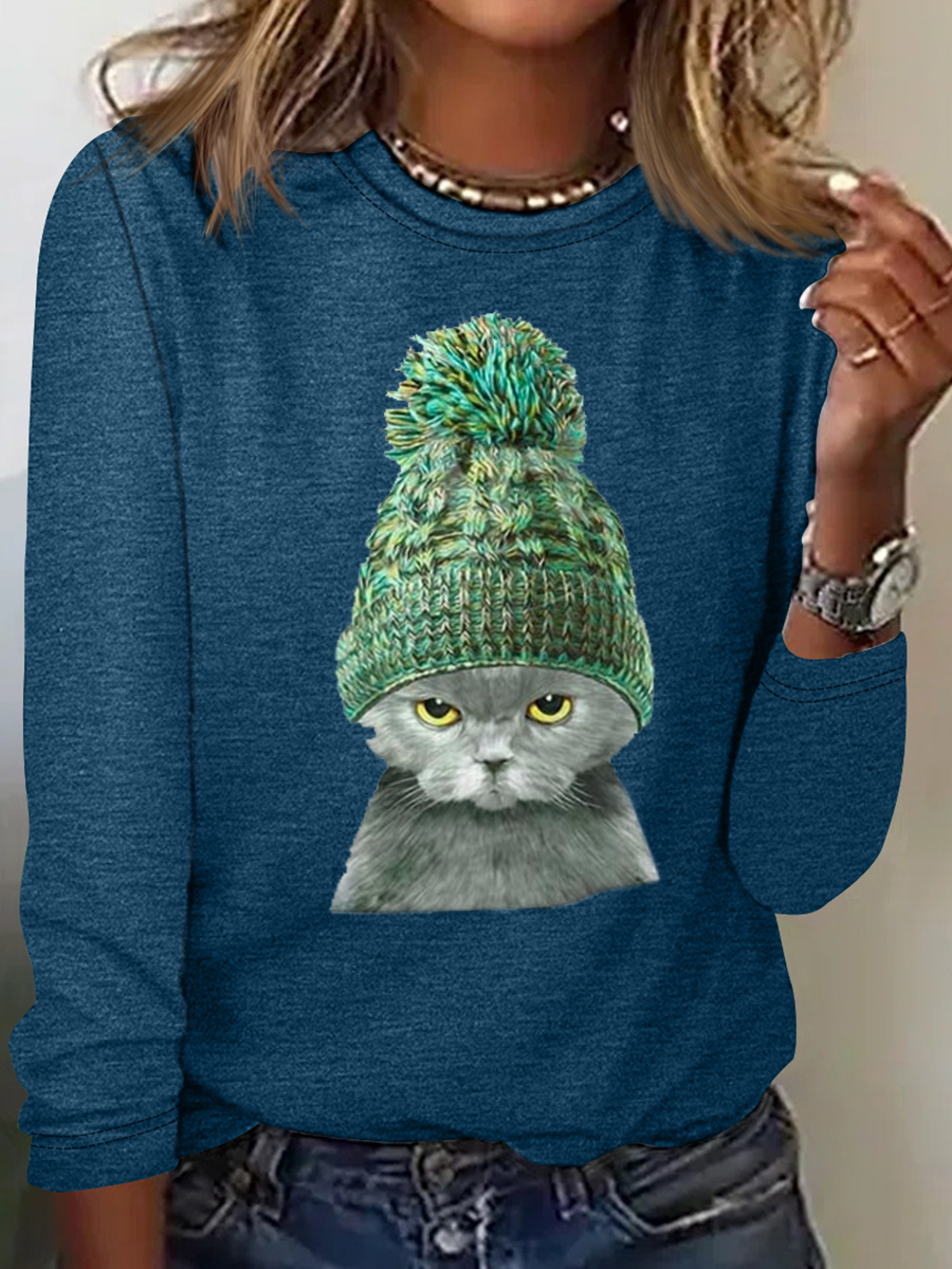 Damen Katze Print  Lässig Langarm Bluse