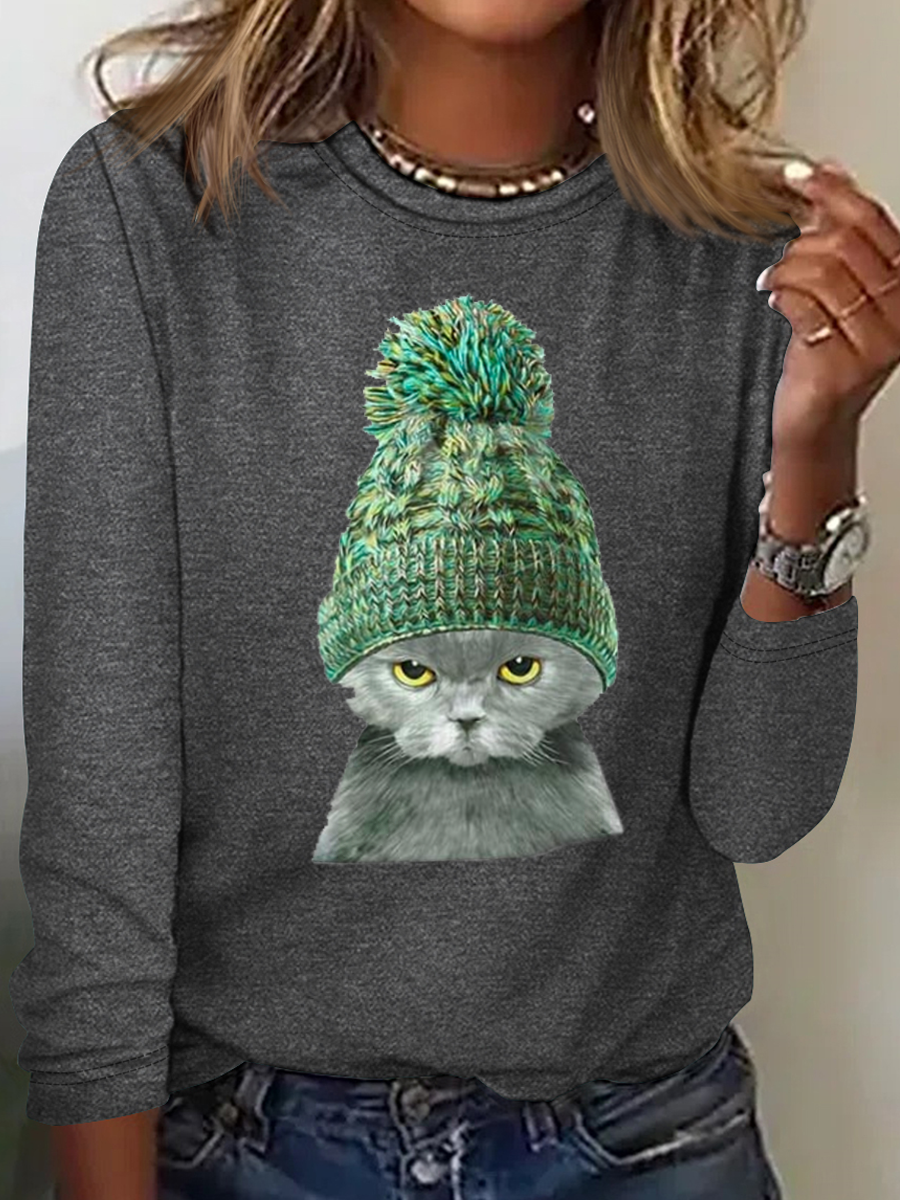 Damen Katze Print  Lässig Langarm Bluse