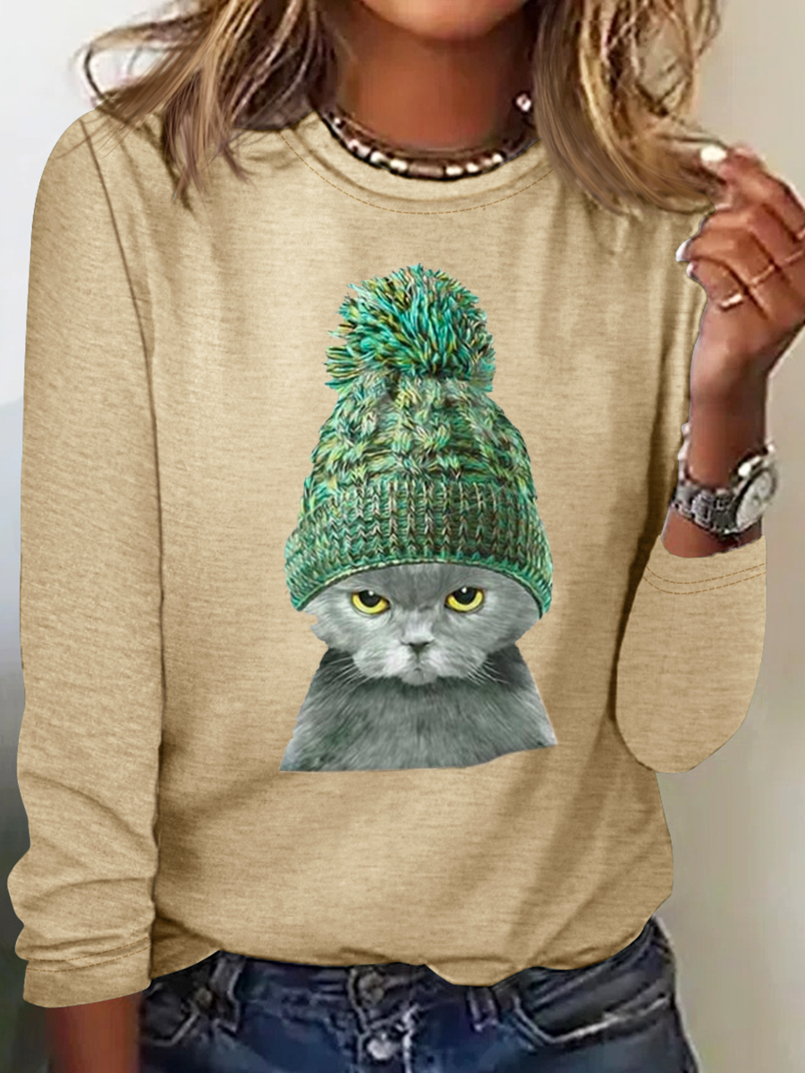 Damen Katze Print  Lässig Langarm Bluse