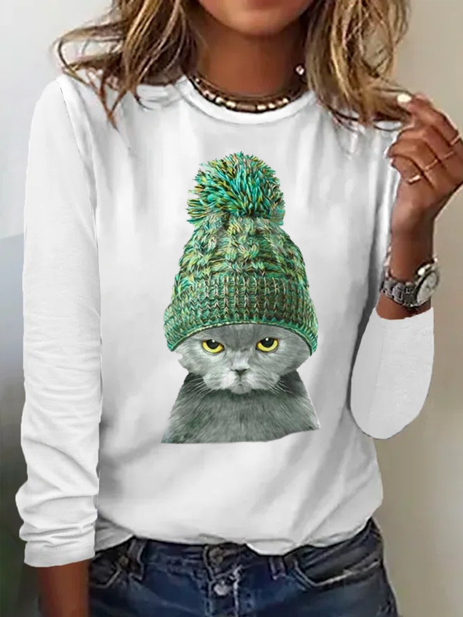 Damen Katze Print  Lässig Langarm Bluse