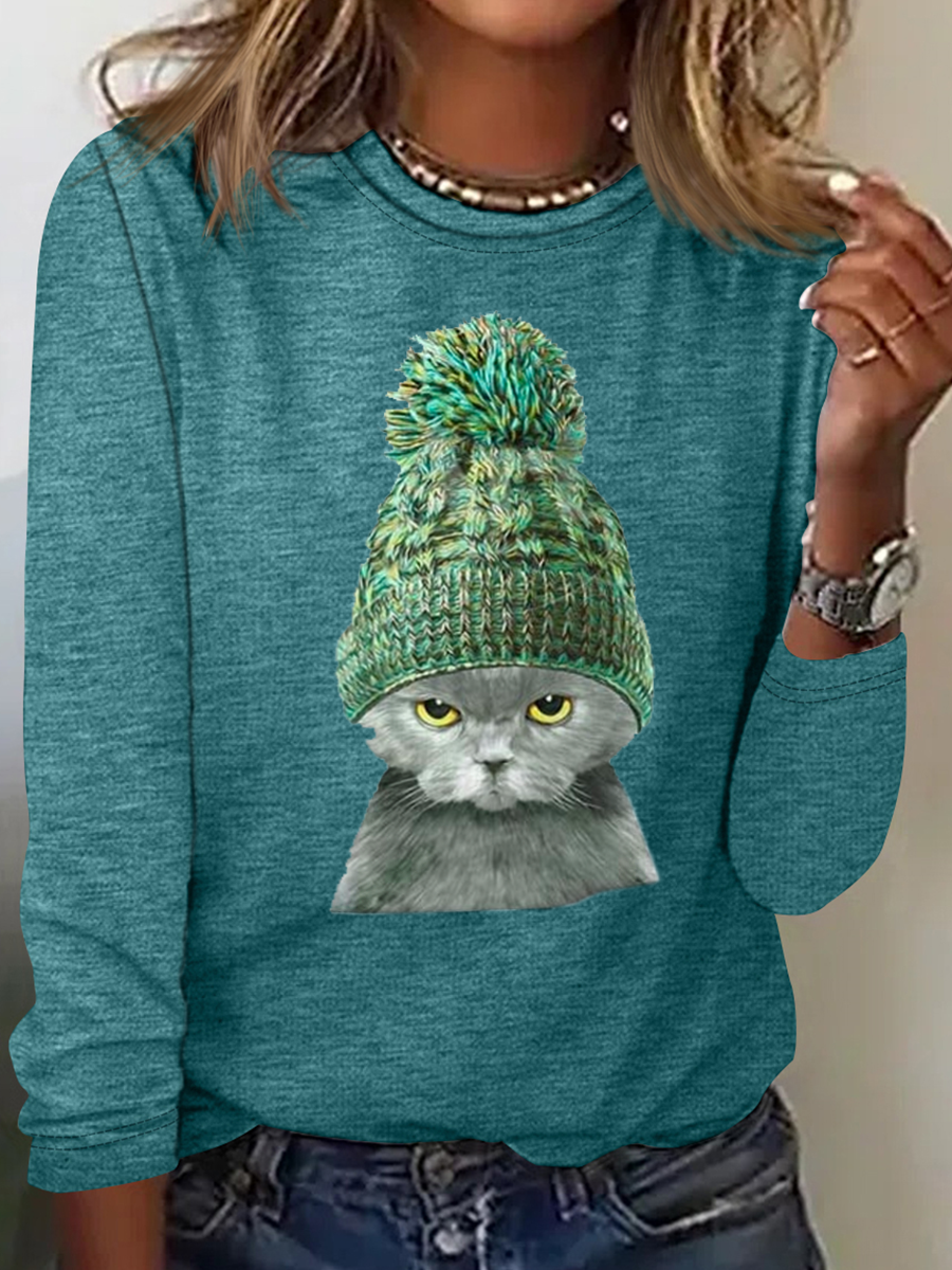 Damen Katze Print  Lässig Langarm Bluse