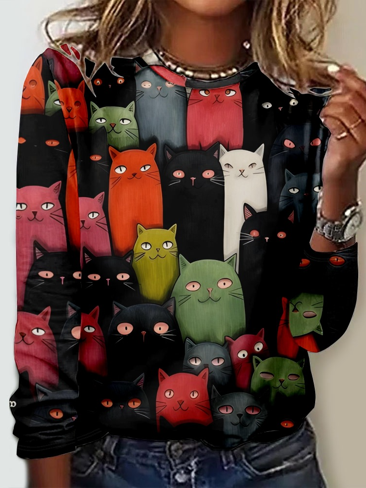 Lustig Katze Lässig Rundhals Langarm Bluse