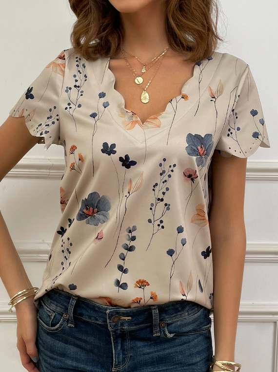 Lässige V-Ausschnitt Bluse Freizeitbluse mit Blumenprint