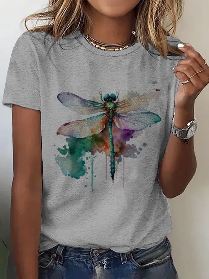 Lässig Rundhals Baumwolle Libelle T-Shirt