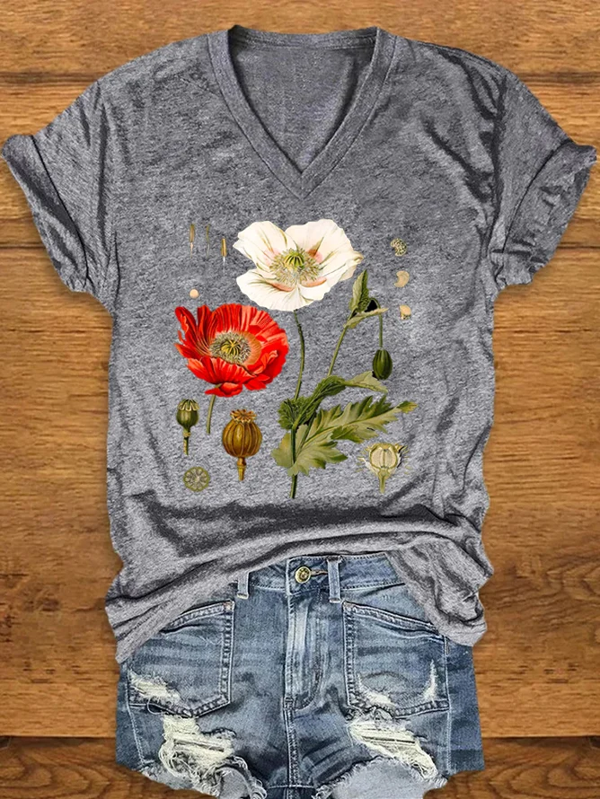 Geblümt Weit Lässig Gestrickt T-Shirt