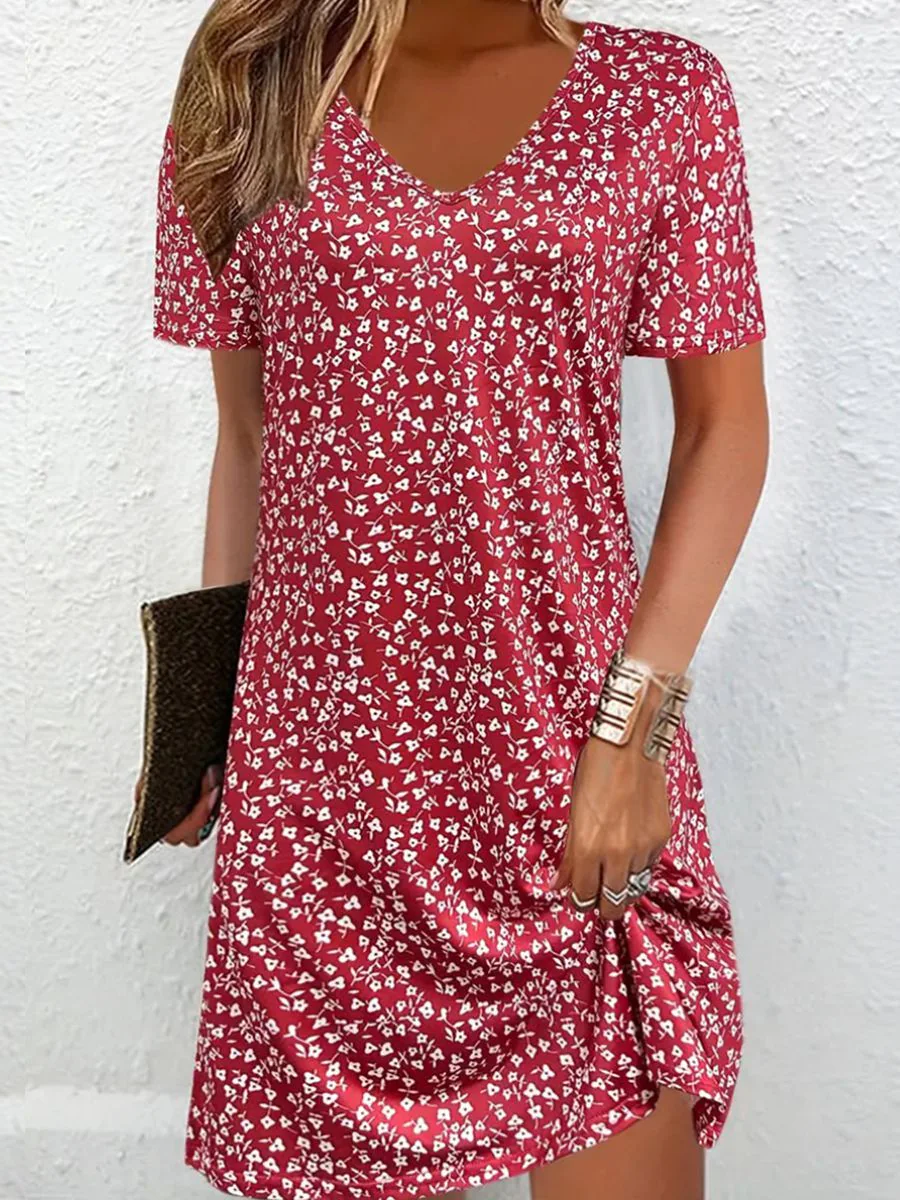 Jersey Lässig Weit Blumen Kleid