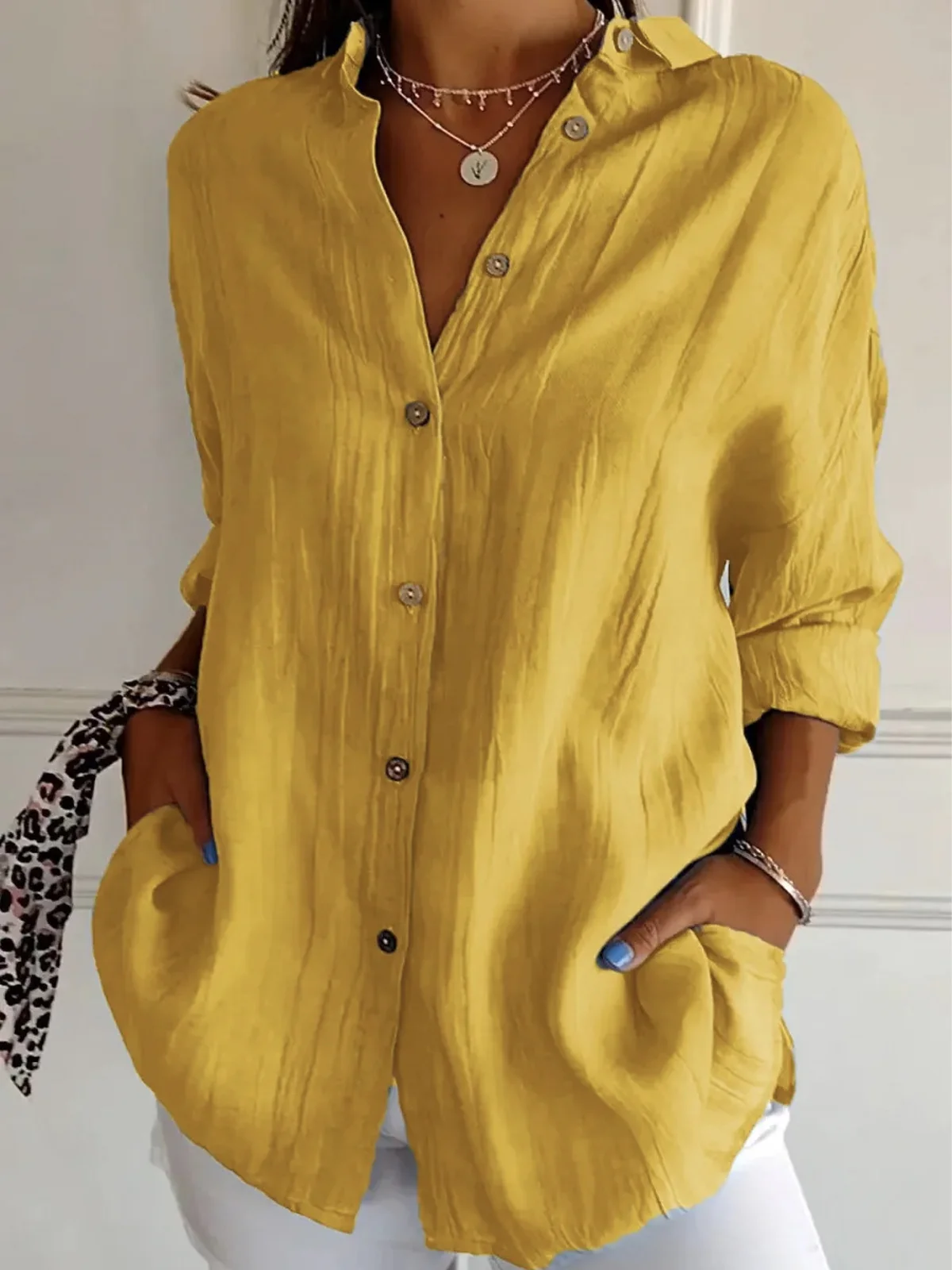 Hemdkragen Weit Baumwolle Lässig Bluse