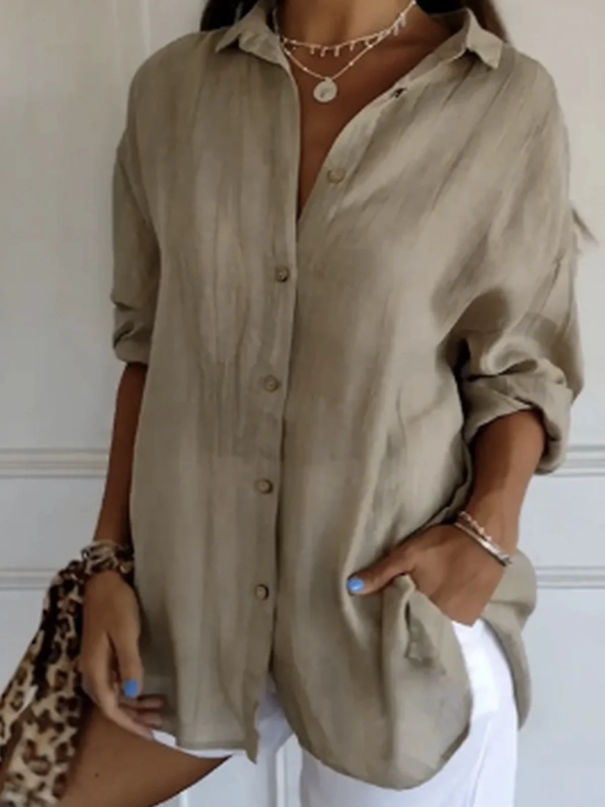 Hemdkragen Weit Baumwolle Lässig Bluse