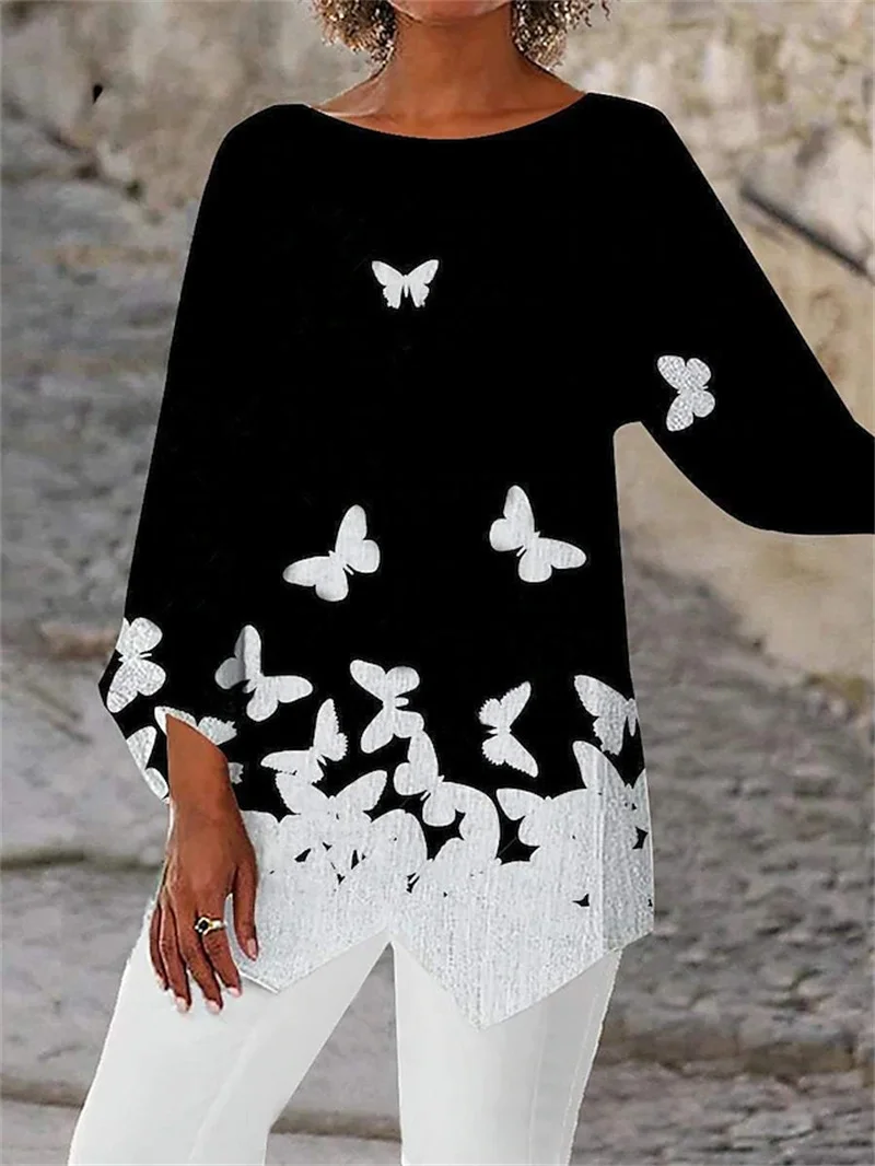 Rundhals Weit Lässig Schmetterling Bluse