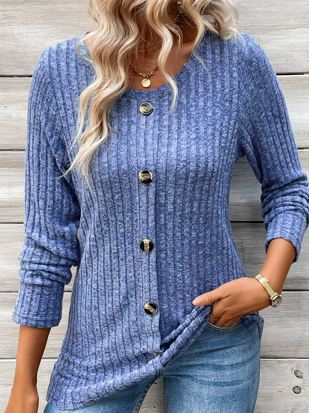 Damen Langarm T-Shirt Frühling/Herbst Blau Unifarben Schnalle Rundhals Täglich Ausgehen Lässig Oberteile