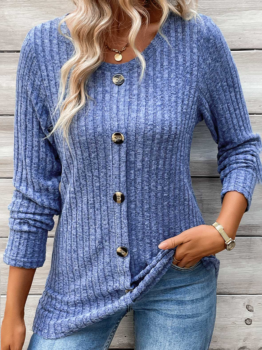 Damen Langarm T-Shirt Frühling/Herbst Blau Unifarben Schnalle Rundhals Täglich Ausgehen Lässig Oberteile