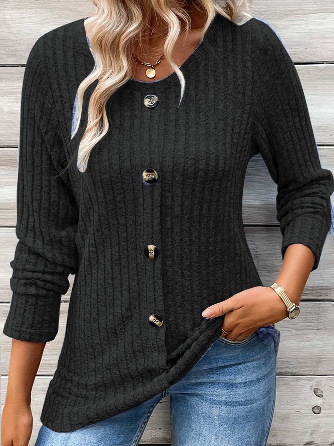 Damen Langarm T-Shirt Frühling/Herbst Blau Unifarben Schnalle Rundhals Täglich Ausgehen Lässig Oberteile