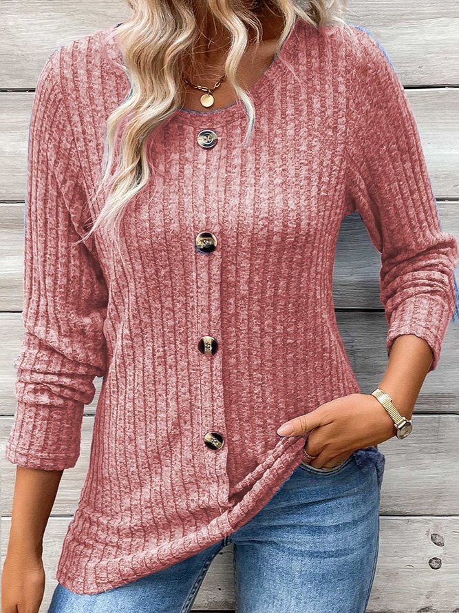 Damen Langarm T-Shirt Frühling/Herbst Blau Unifarben Schnalle Rundhals Täglich Ausgehen Lässig Oberteile