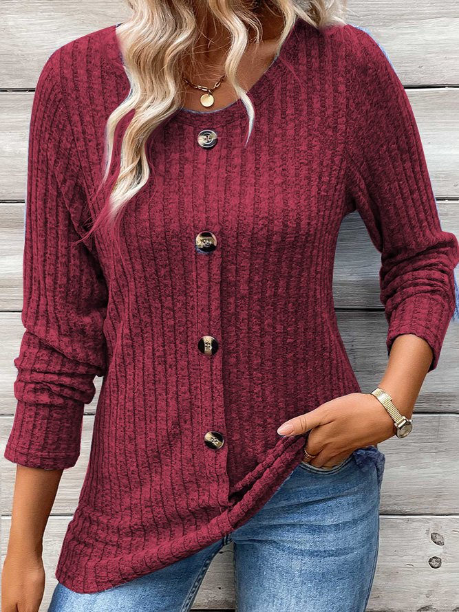 Damen Langarm T-Shirt Frühling/Herbst Blau Unifarben Schnalle Rundhals Täglich Ausgehen Lässig Oberteile