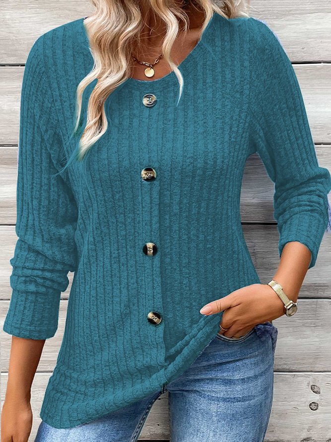 Damen Langarm T-Shirt Frühling/Herbst Blau Unifarben Schnalle Rundhals Täglich Ausgehen Lässig Oberteile